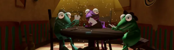 A table of frogs playing cards