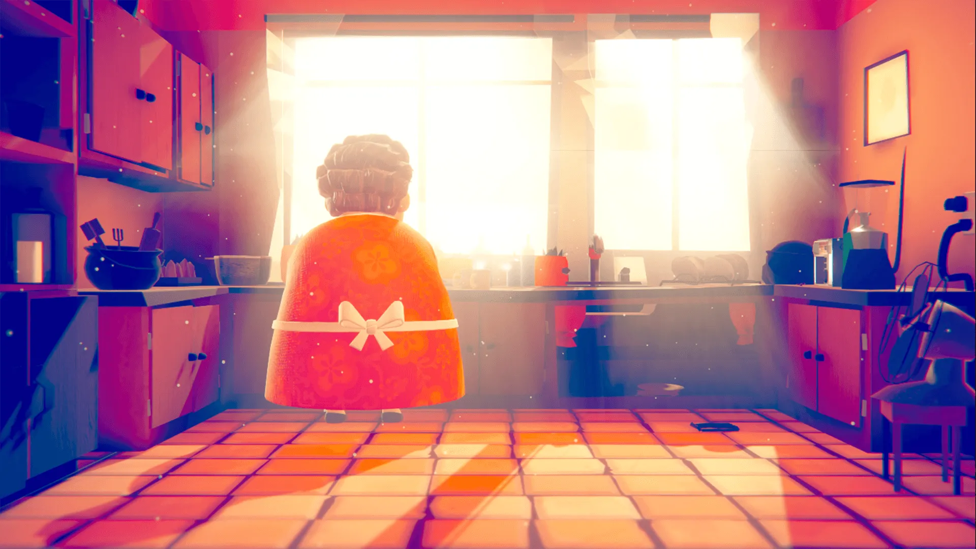 Nana stands in the doorway of a sunlit kitchen