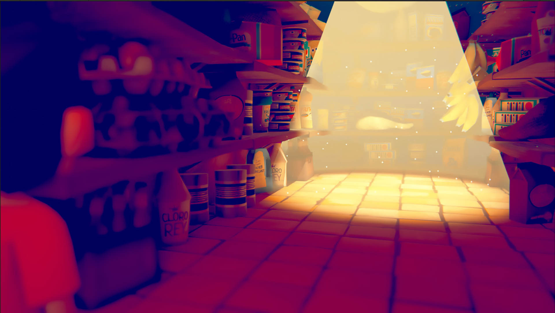 Light pours through the pantry window onto wooden shelves
