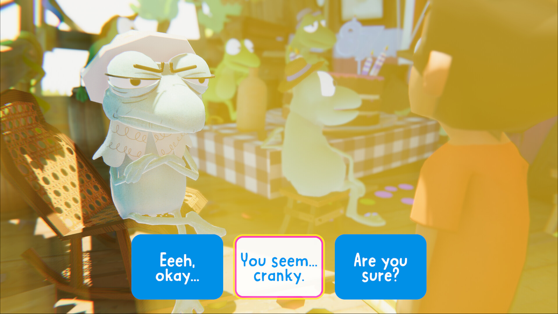 A dialogue choice with a grumpy market vendor