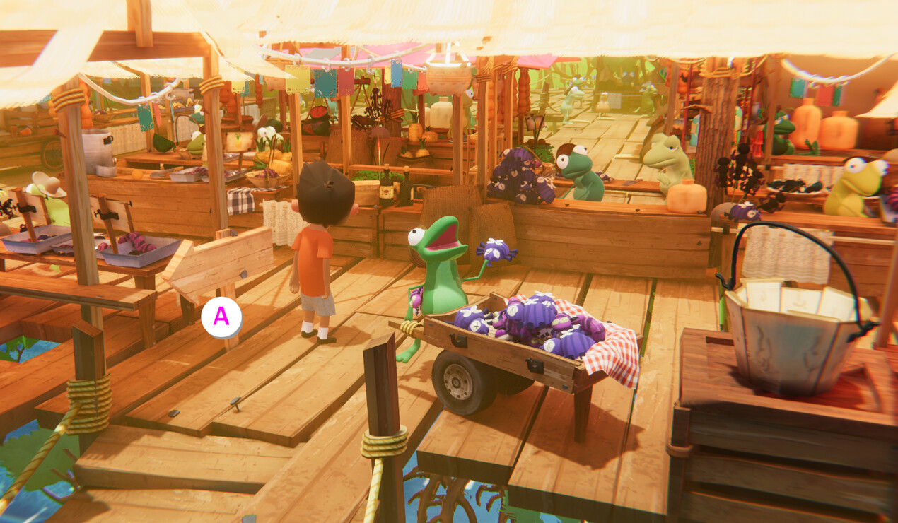 Miho walks through a busy wooden market